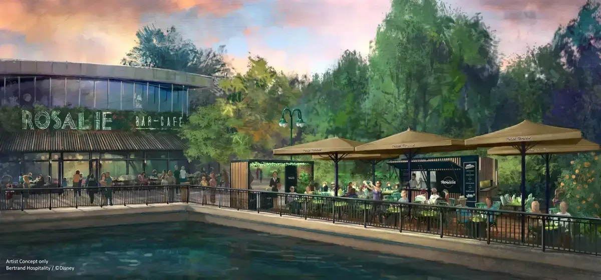 Arte conceptual de la nueva terraza Rosalie en Disney Village