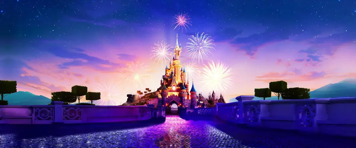 Castillo de Disneyland París con fuegos artificiales de fondo